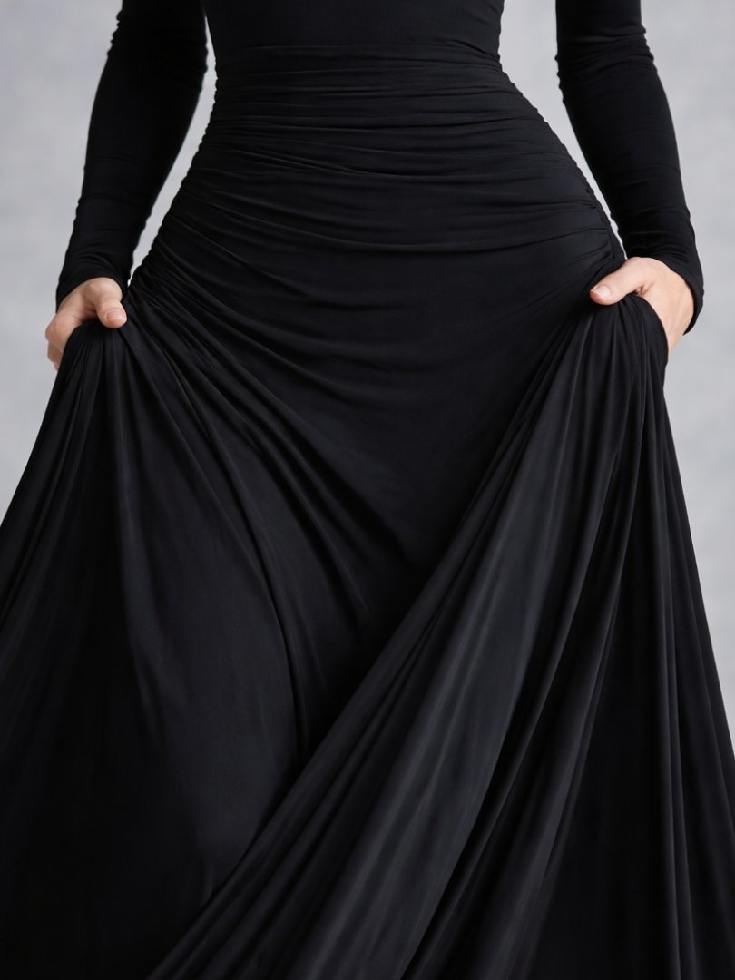 Women's Draped Long Sleeve Maxi Dress with Ruched Waist Close Up