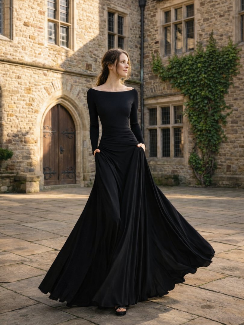 Women's Draped Long Sleeve Maxi Dress with Ruched Waist Side