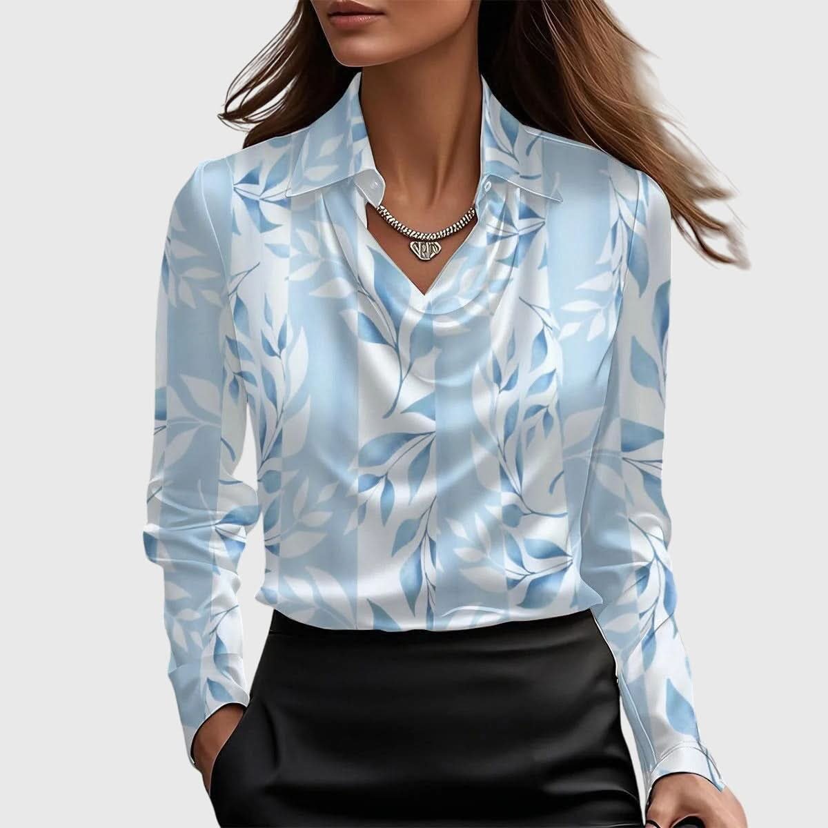 Women's Elegant Blouse with Draped Cowl Neckline Close Up