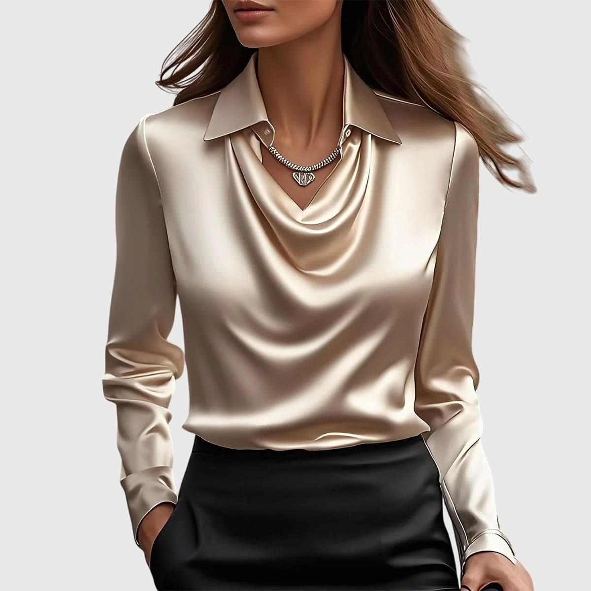 Women's Elegant Blouse with Draped Cowl Neckline Front