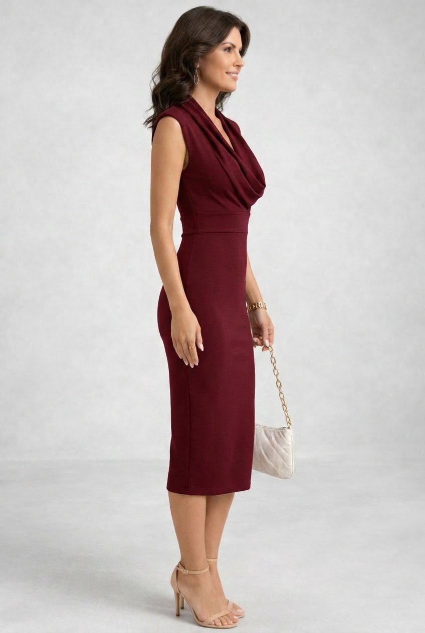 Women's Elegant Cowl Neck Sleeveless Midi Dress Front