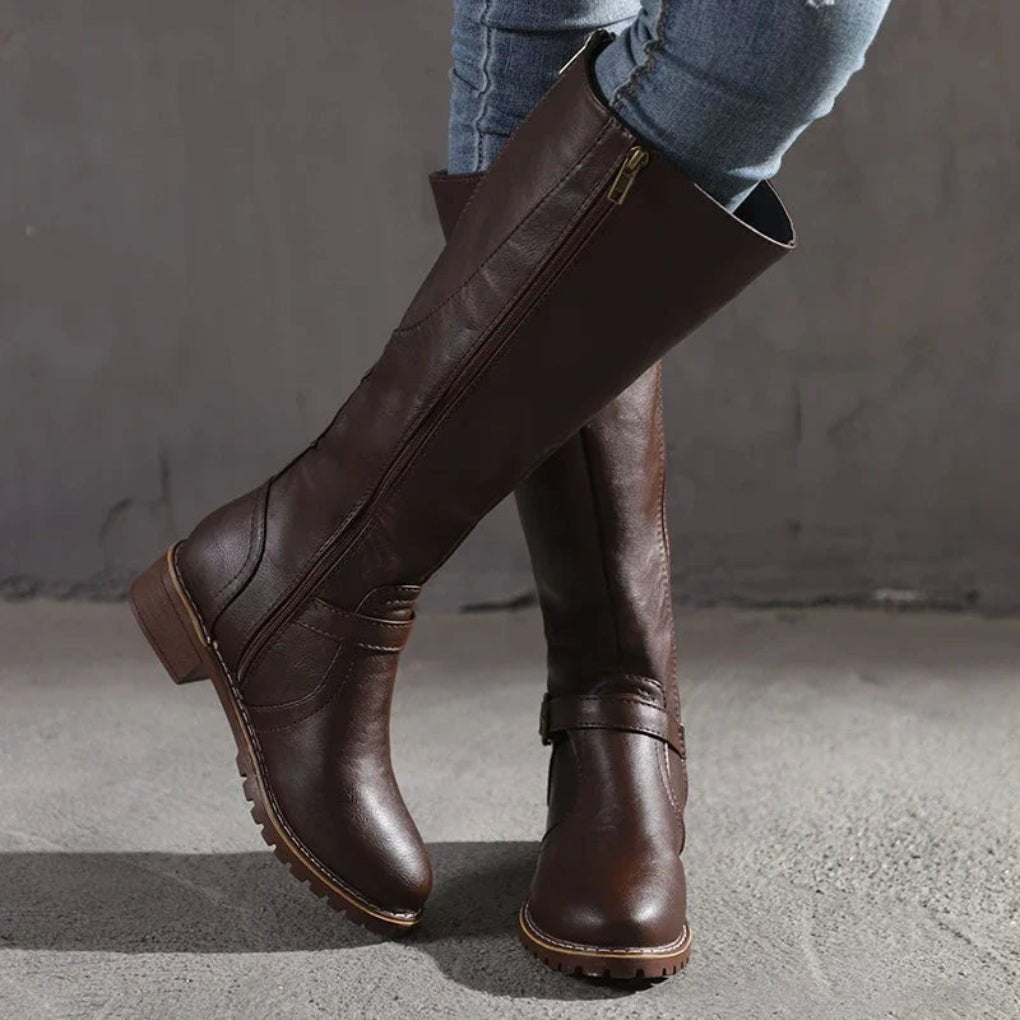 Women's Elegant Leather Boots | Mid-Calf with Side Zip Front