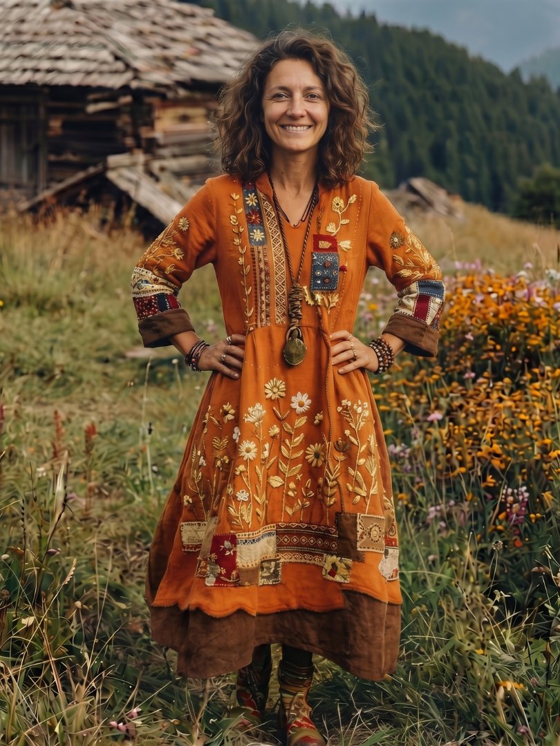 Women's Embroidered Panel Midi Dress with Long Sleeves Alternate