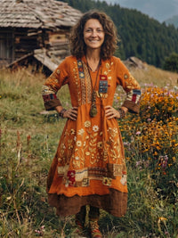 Women's Embroidered Panel Midi Dress with Long Sleeves Alternate