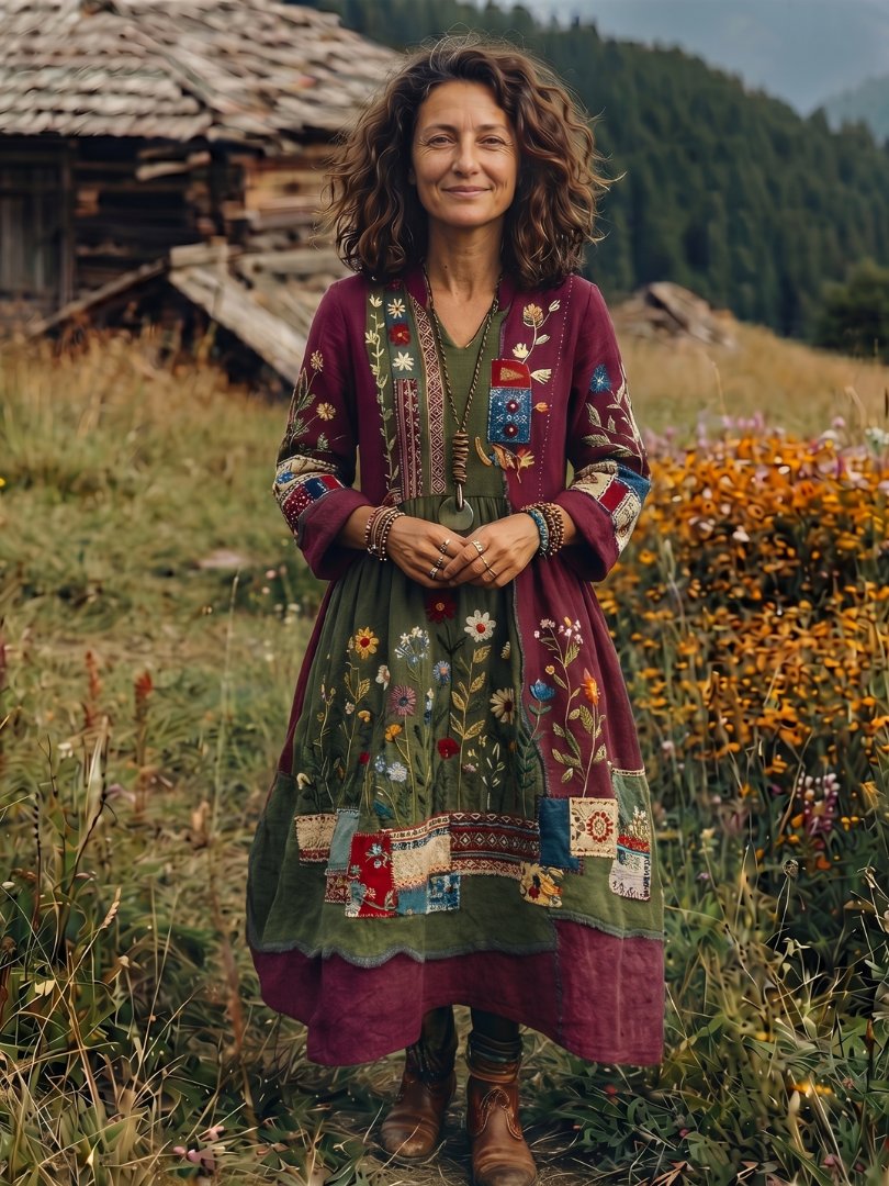 Women's Embroidered Panel Midi Dress with Long Sleeves Angle