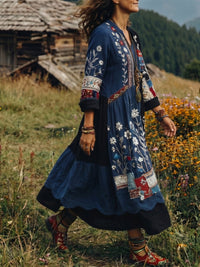 Women's Embroidered Panel Midi Dress with Long Sleeves Back