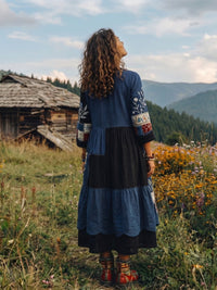 Women's Embroidered Panel Midi Dress with Long Sleeves Close Up