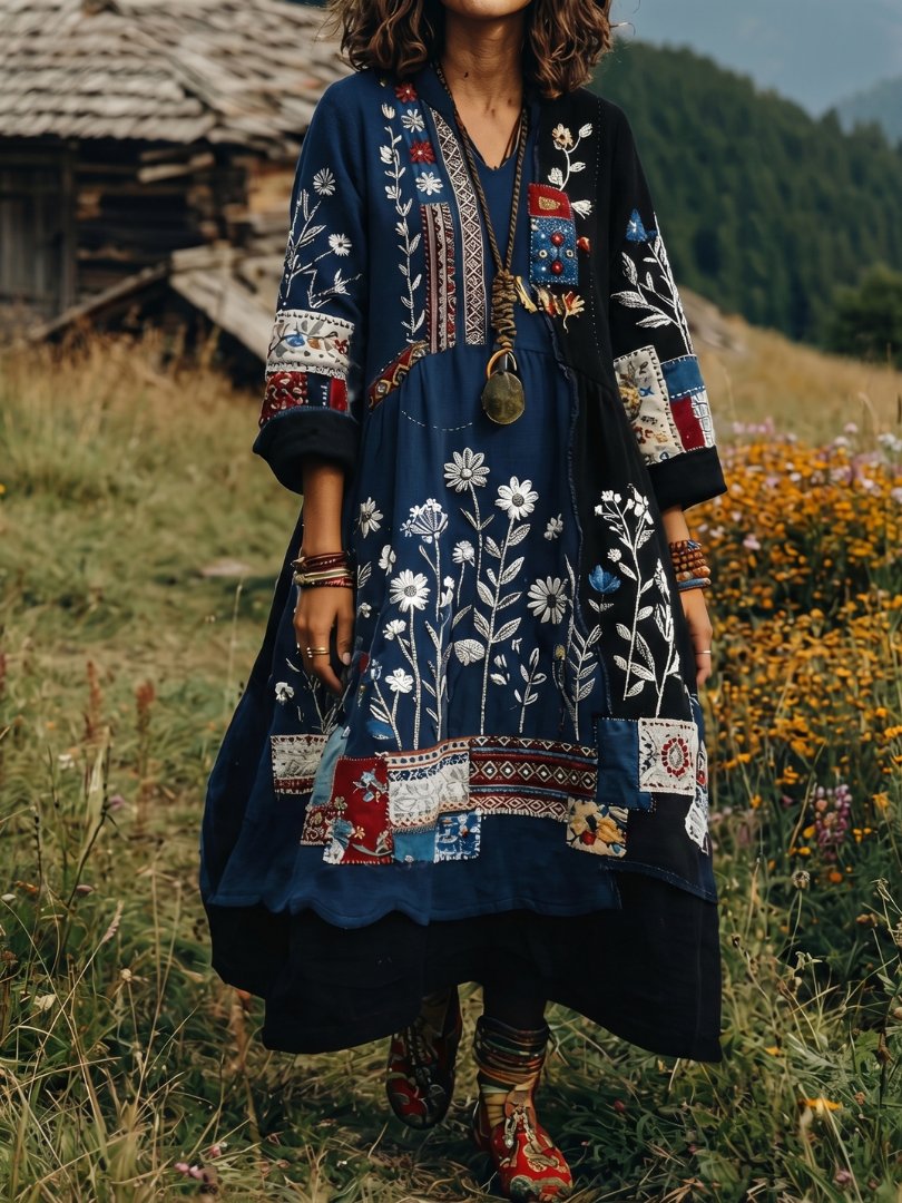 Women's Embroidered Panel Midi Dress with Long Sleeves Detail