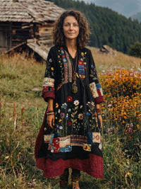 Women's Embroidered Panel Midi Dress with Long Sleeves Full