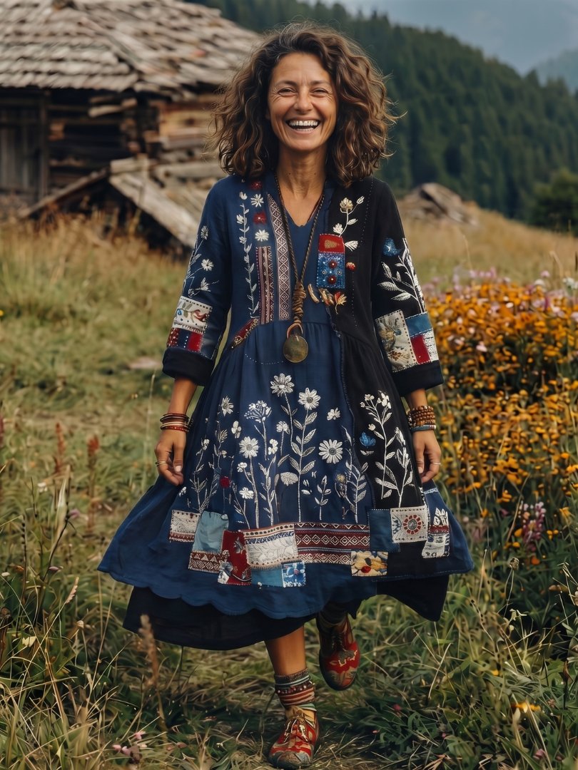 Women's Embroidered Panel Midi Dress with Long Sleeves Hero