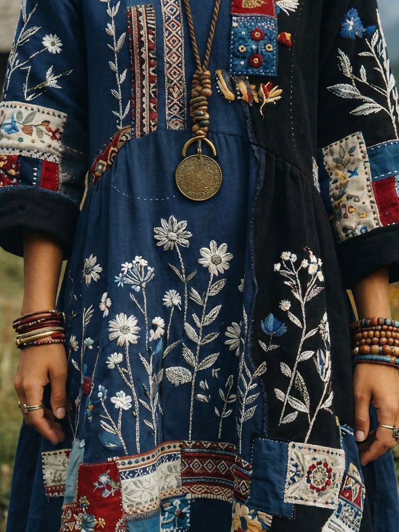 Women's Embroidered Panel Midi Dress with Long Sleeves Side