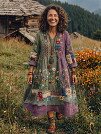 Women's Embroidered Panel Midi Dress with Long Sleeves View 11