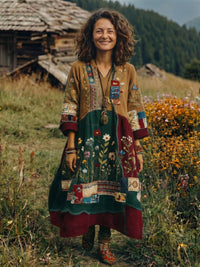 Women's Embroidered Panel Midi Dress with Long Sleeves View 12
