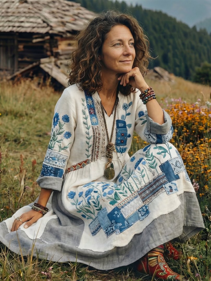 Women's Embroidered Panel Midi Dress with Long Sleeves View 13