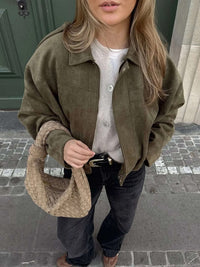 Women's Faux Suede Collared Bomber Jacket Detail