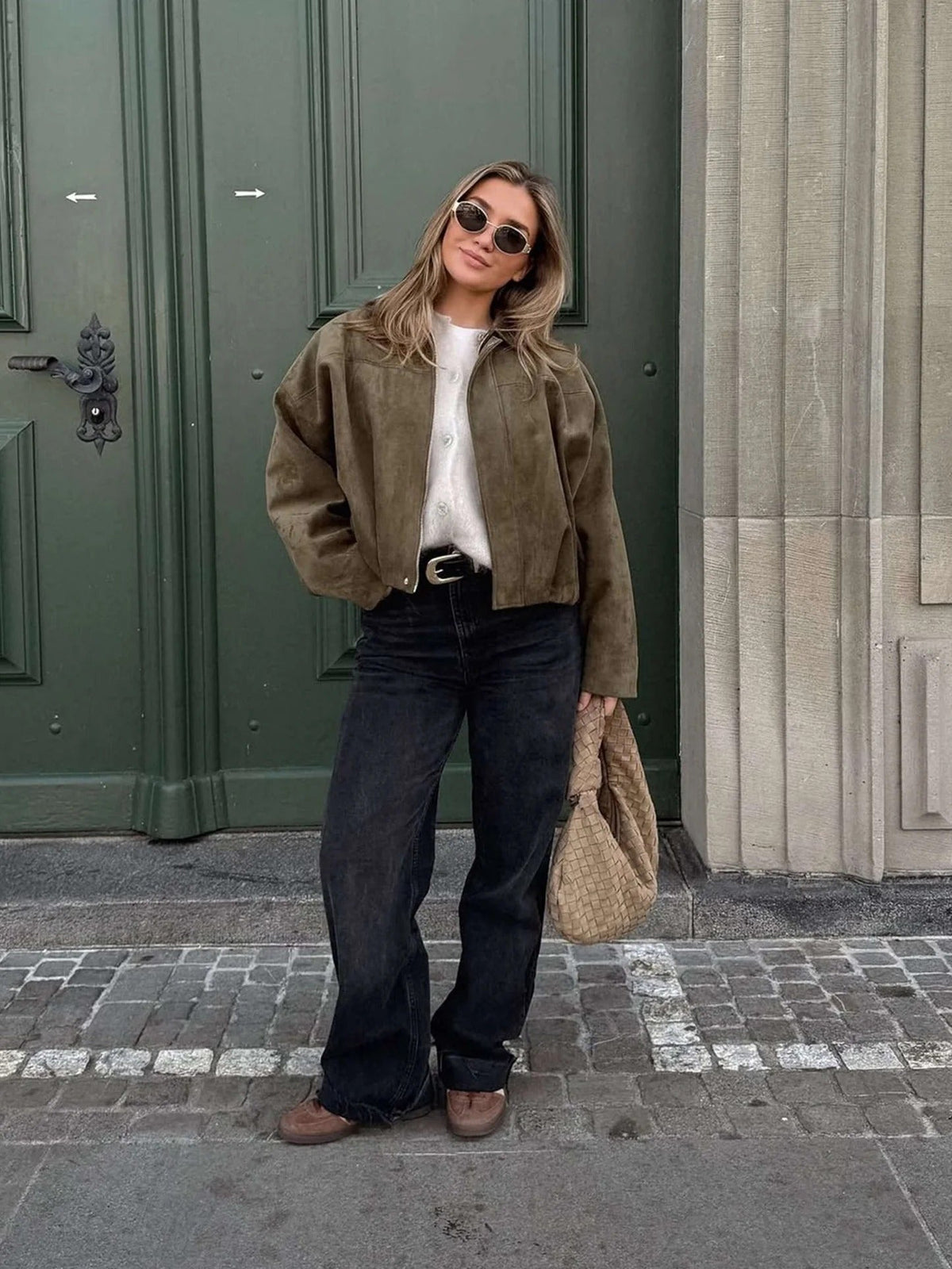 Women's Faux Suede Collared Bomber Jacket Side