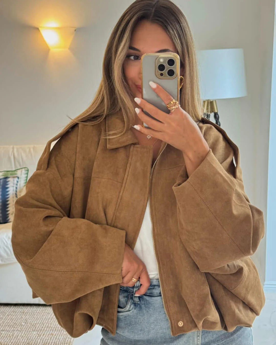 Women's Faux Suede Collared Bomber Jacket View 13