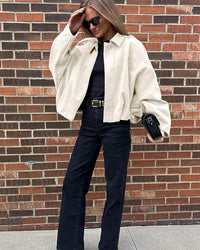 Women's Faux Suede Collared Bomber Jacket View 14