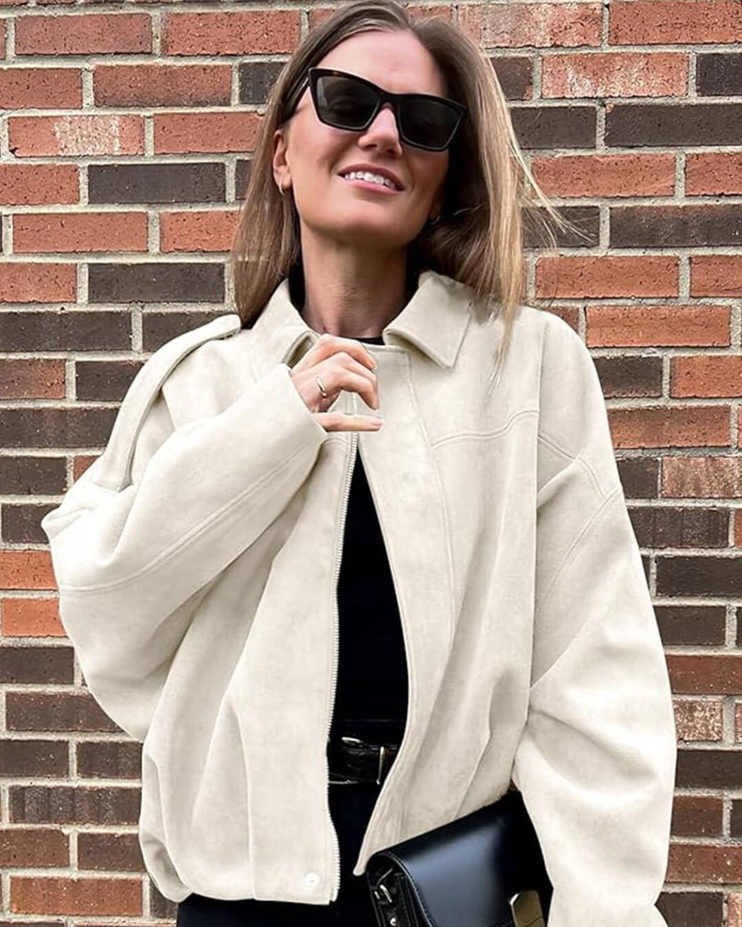 Women's Faux Suede Collared Bomber Jacket View 15