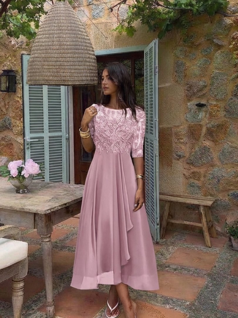 Women's Floral Bodice Midi Dress | Three Quarter Sleeve Occasion Wear Angle