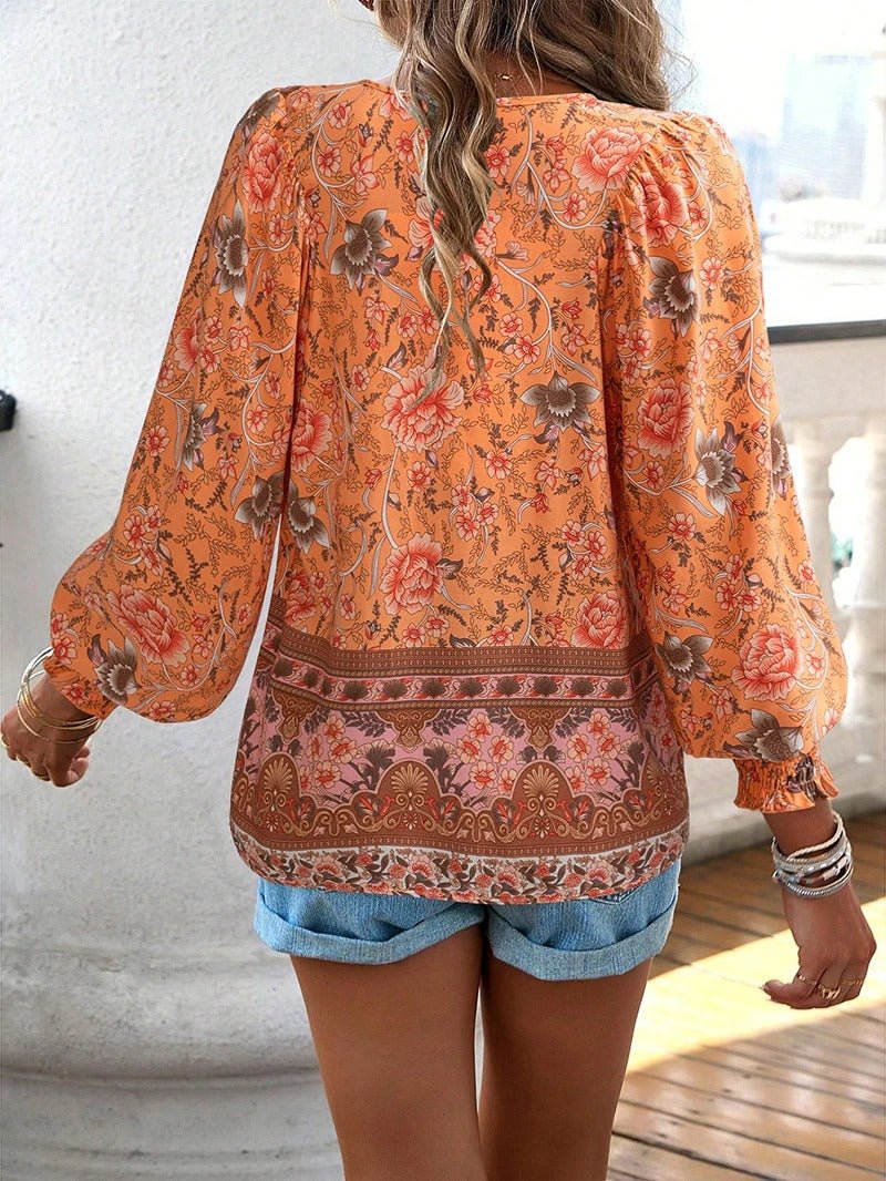 Women's Floral Long Sleeve Boho Blouse with Smocked Cuffs Angle