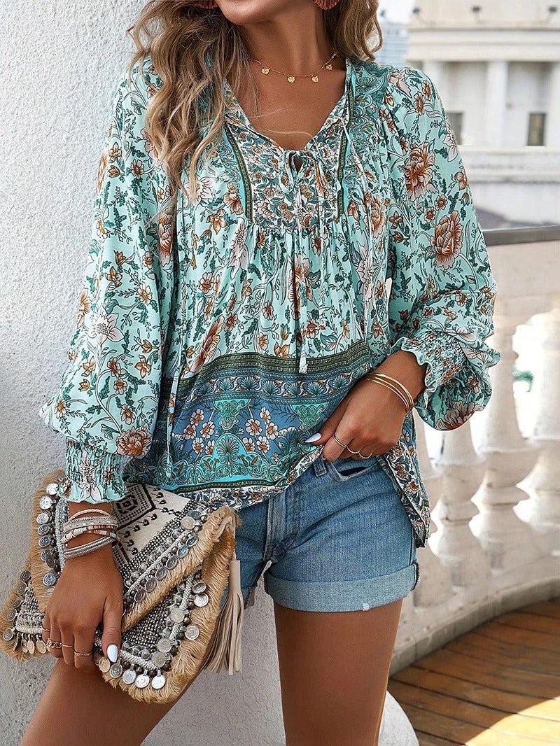 Women's Floral Long Sleeve Boho Blouse with Smocked Cuffs Back