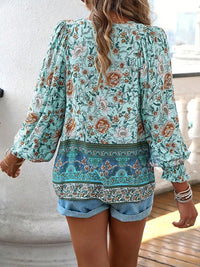 Women's Floral Long Sleeve Boho Blouse with Smocked Cuffs Close Up