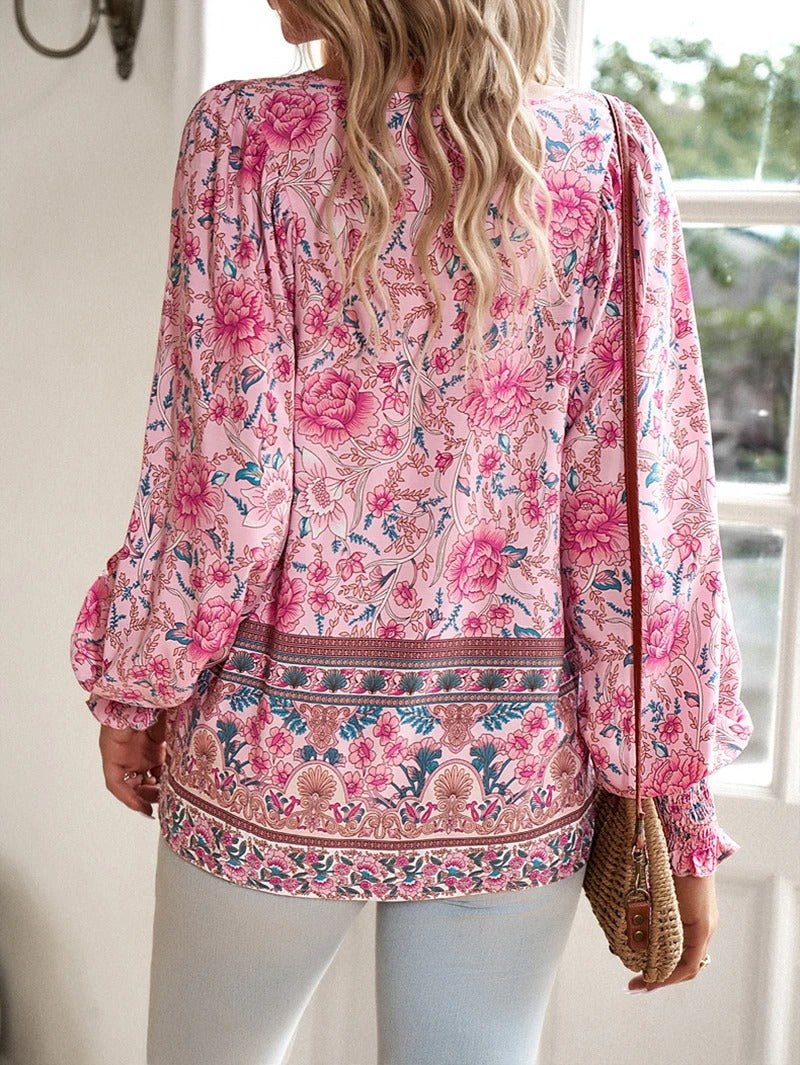 Women's Floral Long Sleeve Boho Blouse with Smocked Cuffs Front