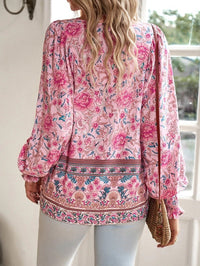 Women's Floral Long Sleeve Boho Blouse with Smocked Cuffs Front