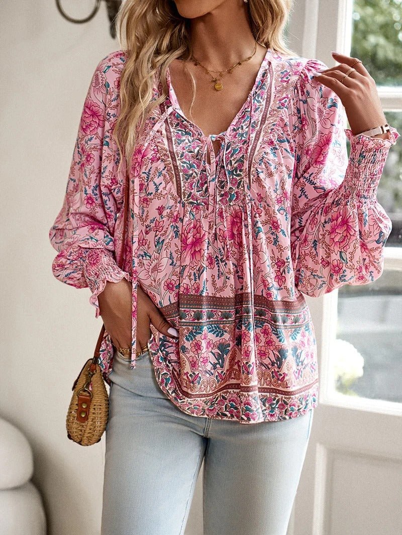 Women's Floral Long Sleeve Boho Blouse with Smocked Cuffs Hero