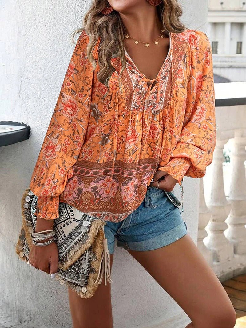 Women's Floral Long Sleeve Boho Blouse with Smocked Cuffs Lifestyle