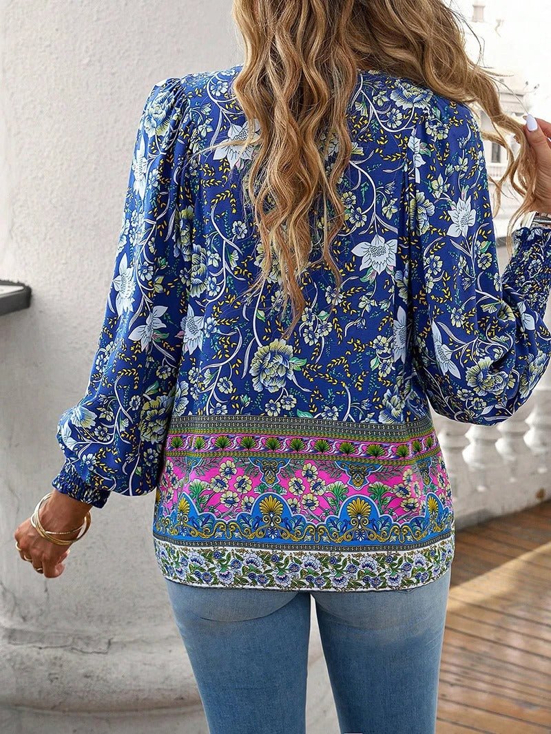 Women's Floral Long Sleeve Boho Blouse with Smocked Cuffs Side