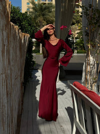 Women's Flowing Maxi Dress with Long Sleeves Back