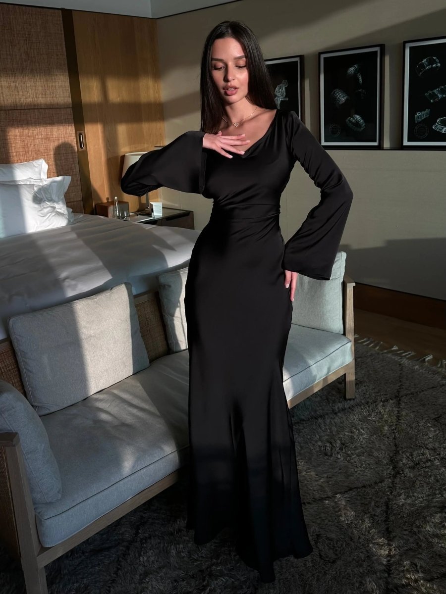 Women's Flowing Maxi Dress with Long Sleeves Close Up