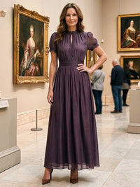 Women's Gathered Waist Keyhole Maxi Dress with Fluid Skirt Back
