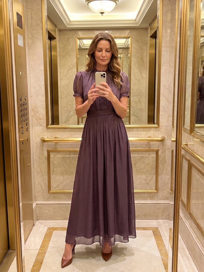 Women's Gathered Waist Keyhole Maxi Dress with Fluid Skirt Close Up