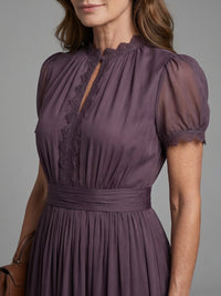 Women's Gathered Waist Keyhole Maxi Dress with Fluid Skirt Detail