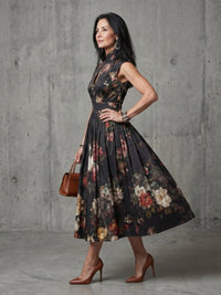 Women's High Neck Keyhole Floral Pleated Midi Dress Front