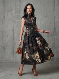 Women's High Neck Keyhole Floral Pleated Midi Dress Hero