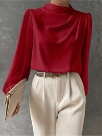 Women's High Neck Long Sleeve Blouse with Draped Detail Back
