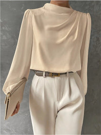 Women's High Neck Long Sleeve Blouse with Draped Detail Front