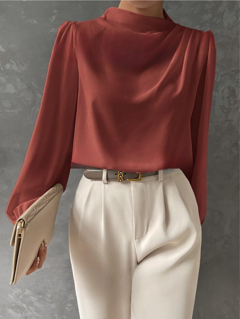 Women's High Neck Long Sleeve Blouse with Draped Detail Side