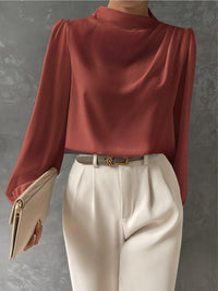 Women's High Neck Long Sleeve Blouse with Draped Detail Side