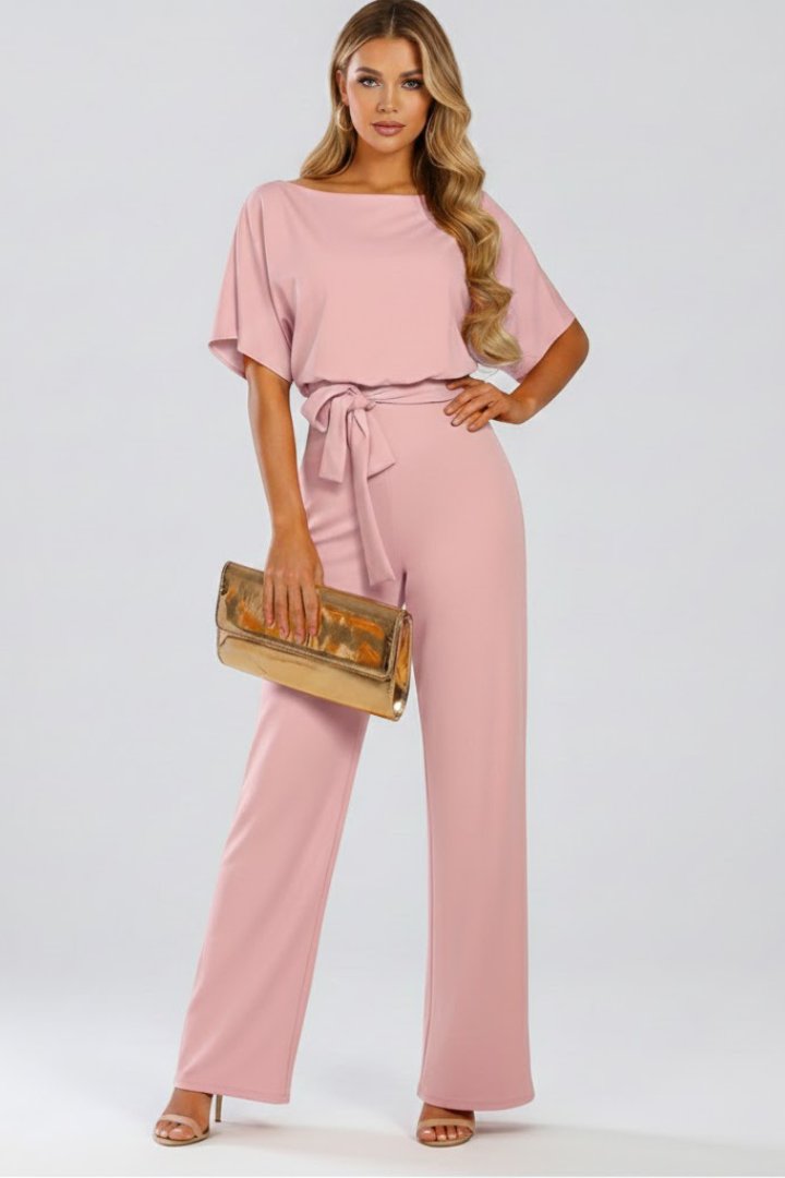 Women's Jumpsuit with Wide Legs and Tie Belt Angle