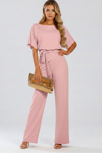 Women's Jumpsuit with Wide Legs and Tie Belt Angle