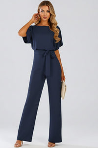 Women's Jumpsuit with Wide Legs and Tie Belt Back