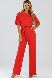 Women's Jumpsuit with Wide Legs and Tie Belt Close Up