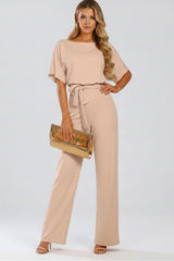 Women's Jumpsuit with Wide Legs and Tie Belt