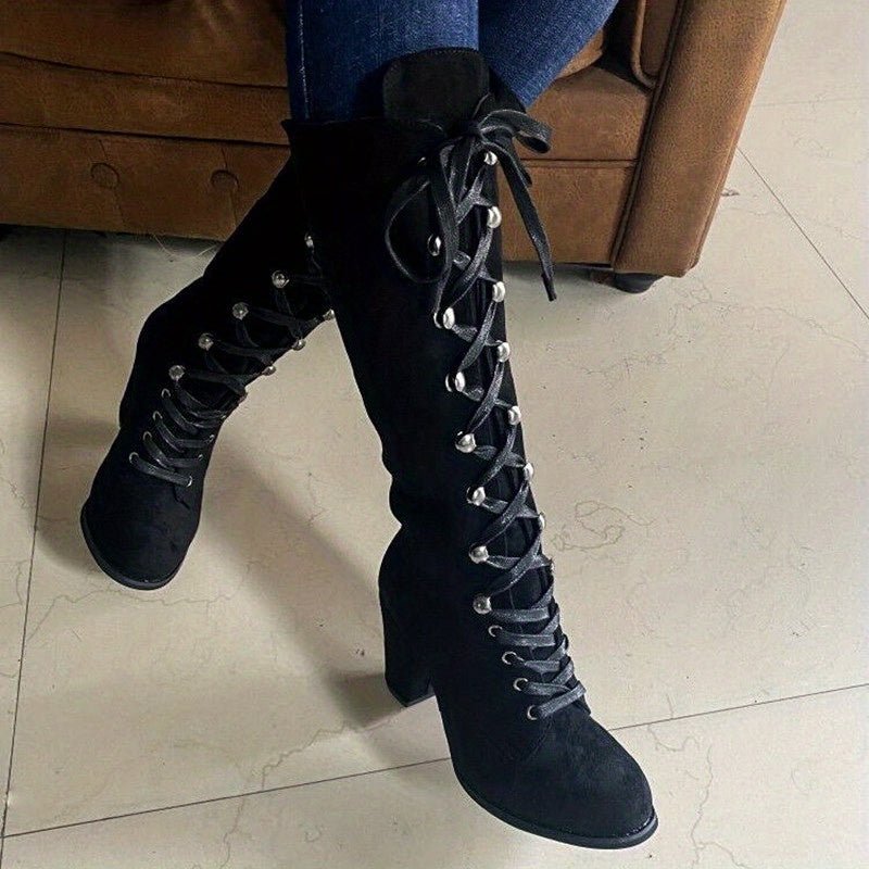 Women's Knee High Boots | Front Tie with Chunky Heel Alternate