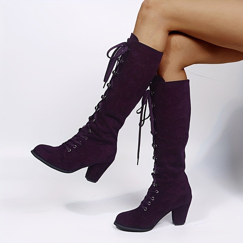Women's Knee High Boots | Front Tie with Chunky Heel Front